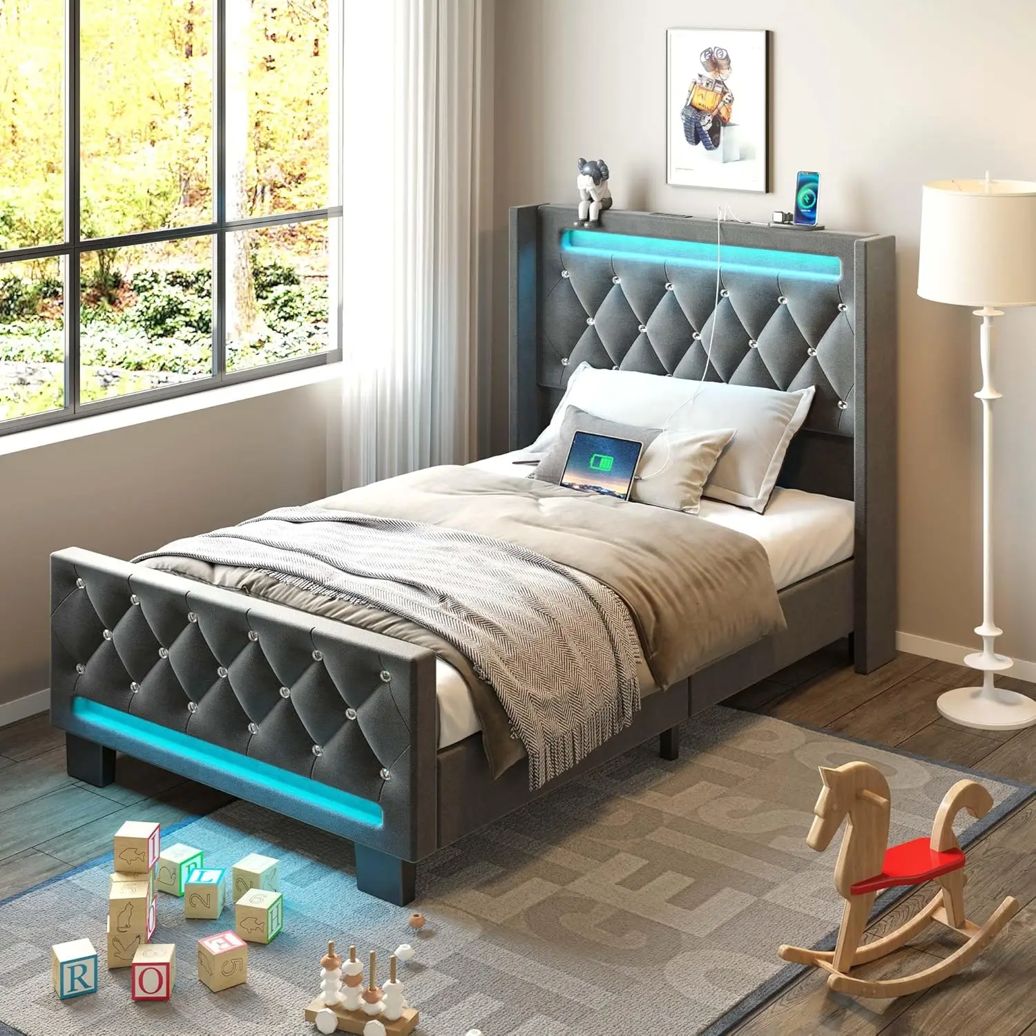 Twin Bed Frame with LED Light and Charging Station, Upholstered High Headboard and Footboard, Wood Slats, Noise Free, Grey 6