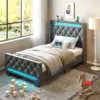 Twin Bed Frame with LED Light and Charging Station, Upholstered High Headboard and Footboard, Wood Slats, Noise Free, Grey 6