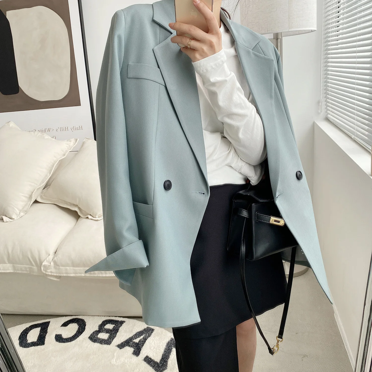 2021 Spring Solid Color Temperament Blazers Korean Fashion Casual Long Sleeve V-neck Blue Cardigan Loose Jacket Women's Clothes casual blazer fashion and white suit 2021 spring autumn women blazers coat new ladies temperament casual striped jacket
