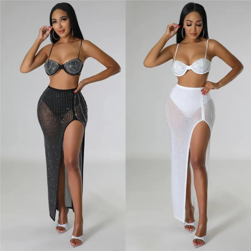 

Beach Dress Women Summer 2023 Bath Outlet Cover Up New Sexy Mesh Diamond Nightclub Two Piece Set Solid Spandex For The Kaftan