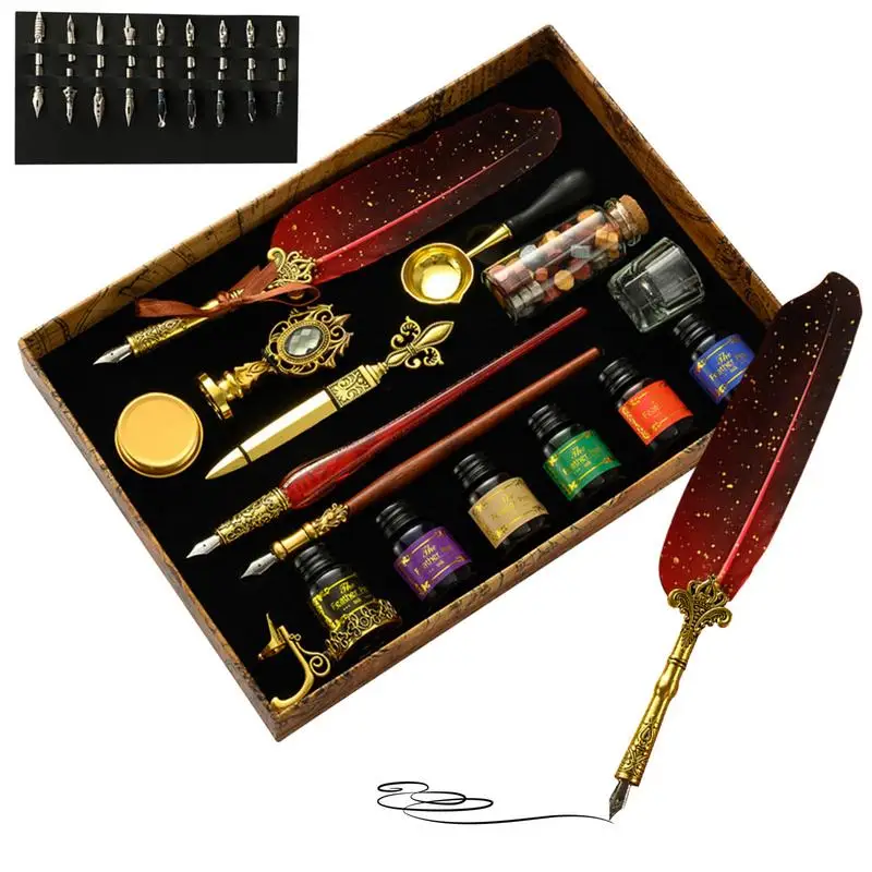 QuillPenAndInkSetAntiqueFeatherPenForWritingFeatherPenInk