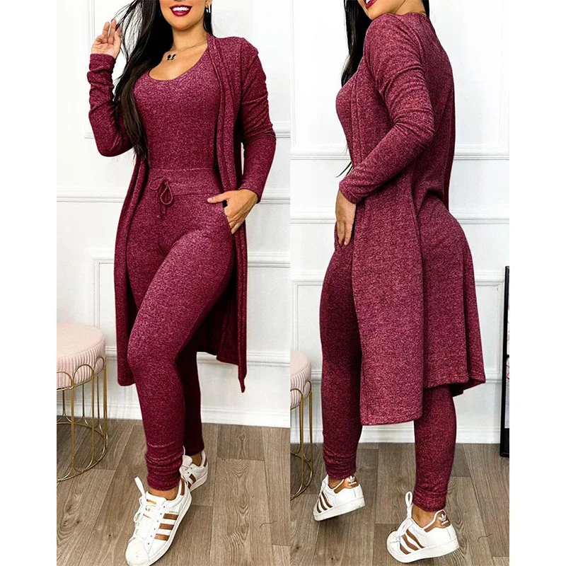 Women Drawstring Pocket Design Sleeveless Jumpsuit with Long Sleeve Coat Set Party Fashion Femme Lady U-Neck Skinny Jumpsuit
