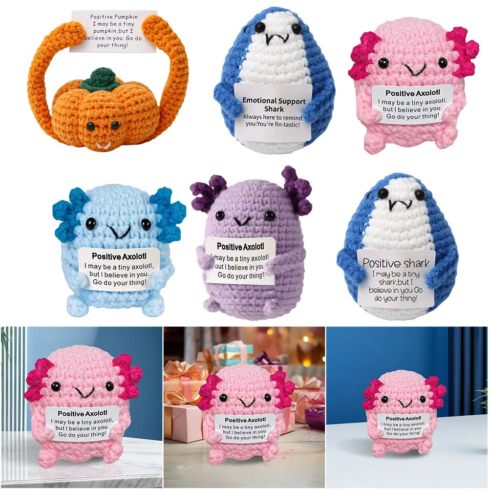 Animal/Pumpkin Knitted Wool Doll with Positive Card Knitted Stuff Handmade Toy Funny for Home Decor Birthday Gift