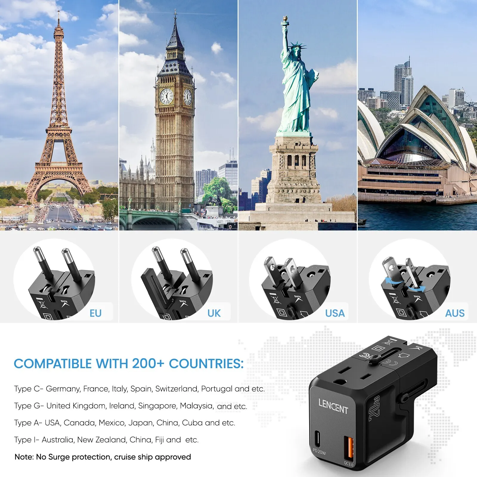 Universal Travel Adapter 1 AC Outlet 1 USB QC 3.0 Port PD 20W Fast Charger For US EU UK AUS Plug Adapter Power Adapter Power Plug Adapter Plug Converter