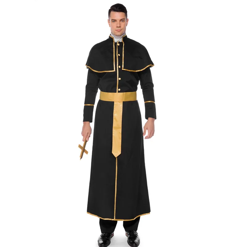 

【In Stock】SanyMuCos Halloween Cosplay Costume Professional Role Playing Pastor Roman Father Black Robed Party Clothing