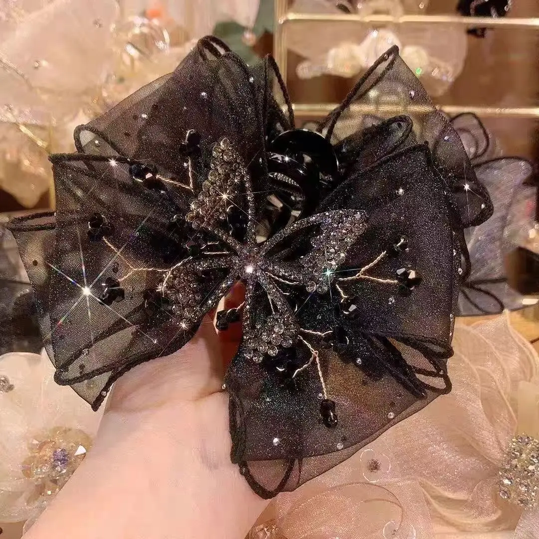 Luxury Black Shiny Rhinestone Butterfly Hair Claw Rope for Women Exquisite Netting Hair Tie Girls Bowknot Hair Accessories