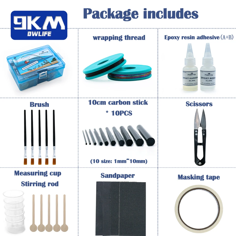 Kit De Réparation Canne à Pêche - 10 Inserts Carbone + Résine Époxy + Papier De Verre - Complet