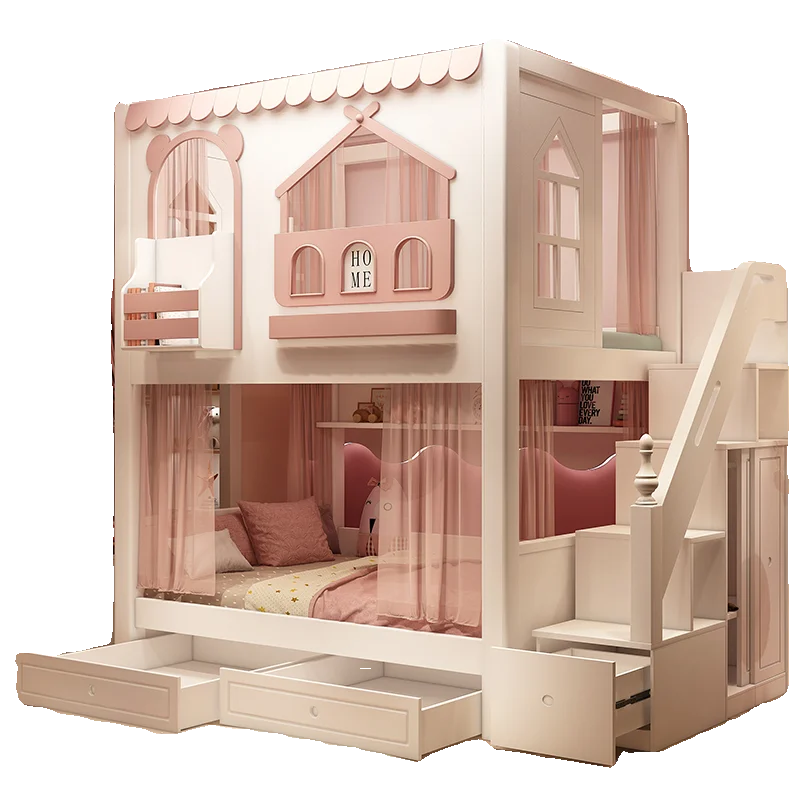 子供用ベッドツリーハウス男の子女の子二段ベッド上段と下段の高いガードレール付き男の子女の子ツリーハウス高さのあるベッドと低いベッド親子ベッド