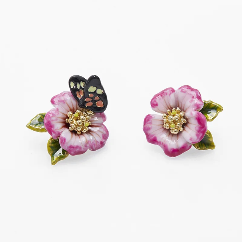 French Fashion Enamel Glaze Pink Rose Blossoms Black Butterfly Asymmetric Earrings Rural Style Female Wedding Ear Decoration
