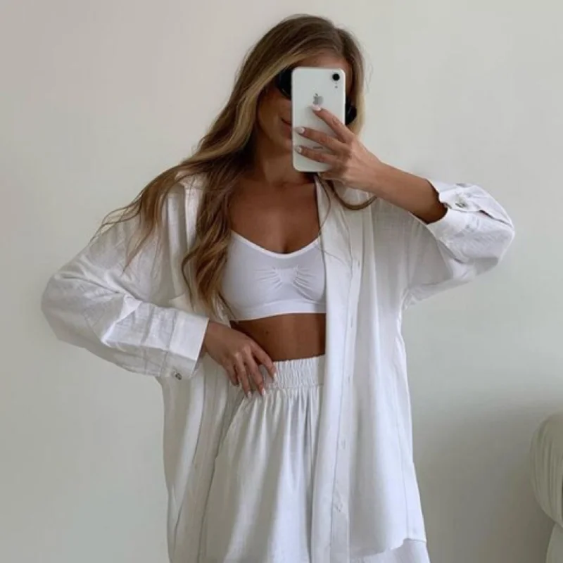 Monochrome Long Sleeve Shirt Set, Single Breasted, Loose Fashion, Casual Shorts, Europe and America, Spring, New, 2024