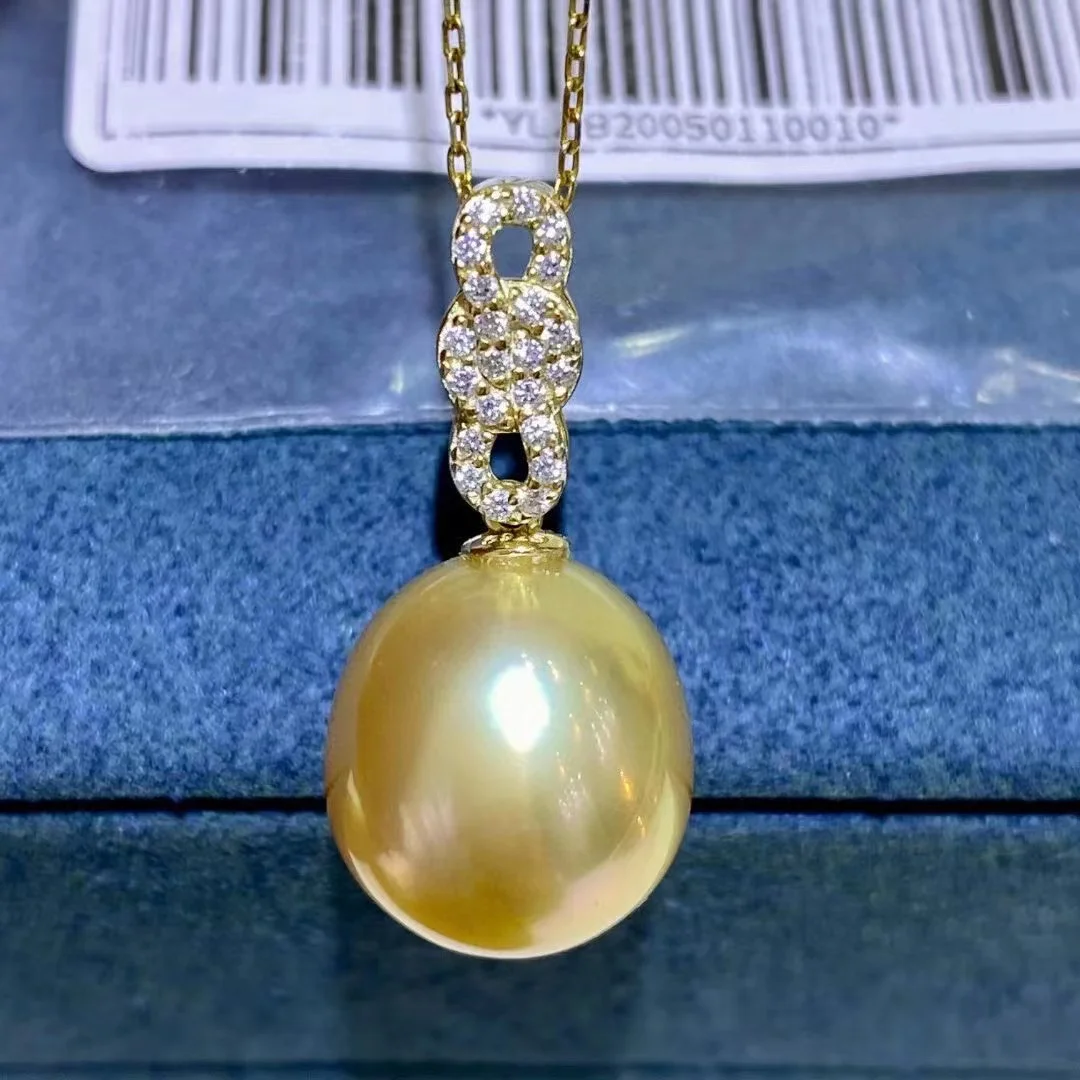 925 Sterling Silver Necklace Pendant for Women 12-13mm Rice Round Seawater Gold Pearls Fashion Girl's Jewelry Accessories