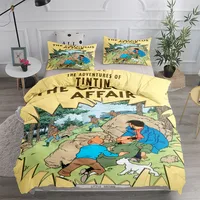 Tintin Adventure Tales Ensemble de housse de couette pour enfants King Queen Double Lit simple Ensemble de linge de lit 3