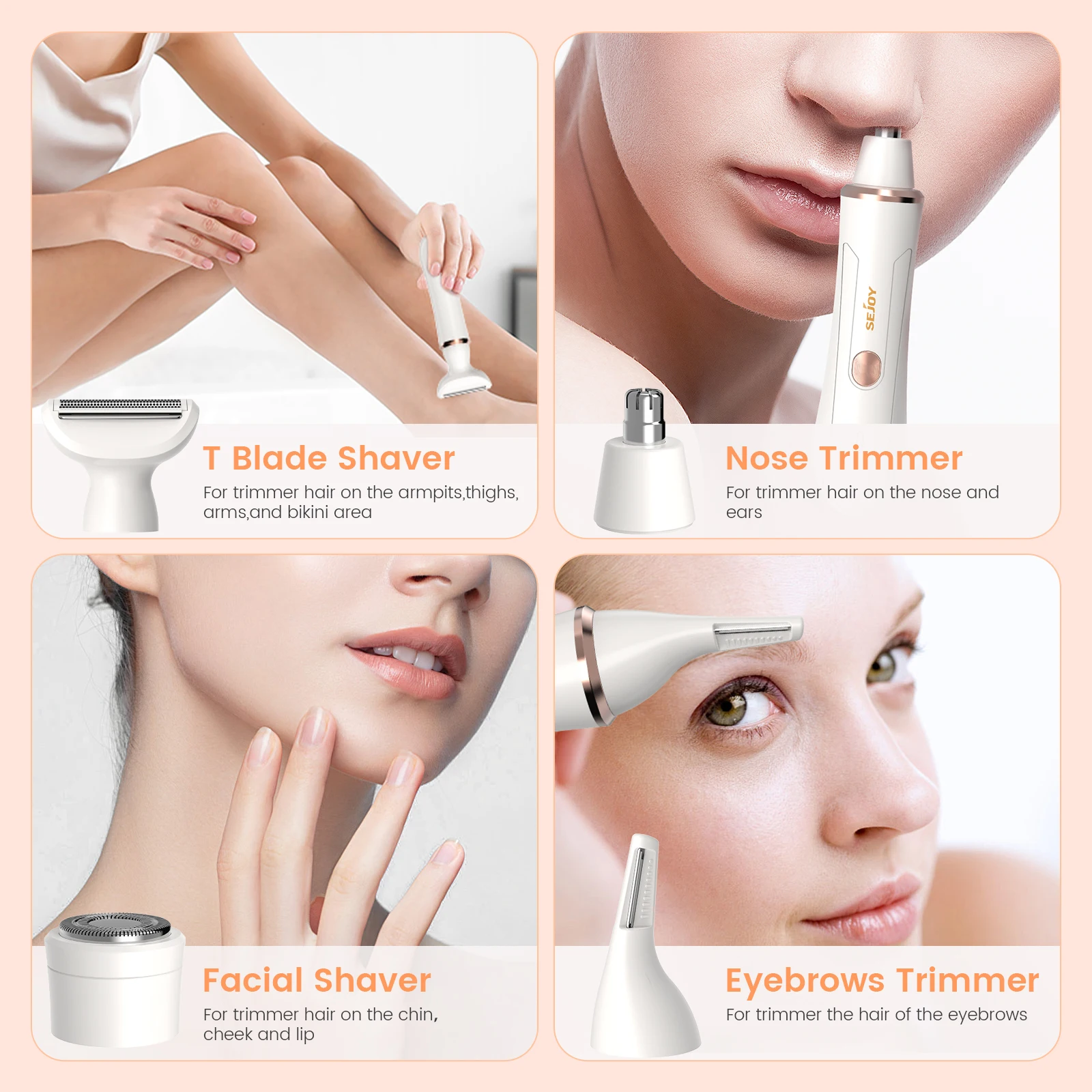 Sejoy 4 in 1 Electric Lady Shaver, Body Hair Trimmer Removal Epilator, Painless Cordless Trimmer Razor for Armpit Bikini Arm 3