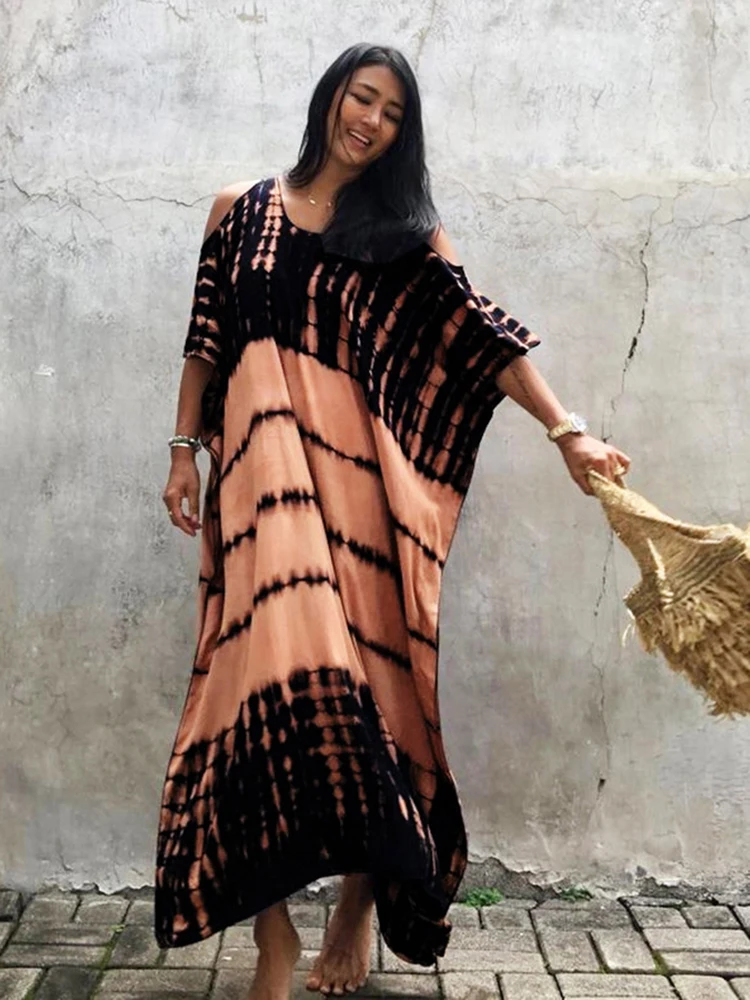Fitshinling Open Shoulder Summer Long Dress Bohemian Vintage Halo Dyeing Robe Oversized Kaftan Holiday Fashion Sexy Pareos New