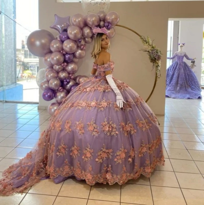 Roze Prinses Quinceanera Jurken Baljurk Van De Schouder Tule Appliques Sweet 16 Jurken 15 Años Mexicaans