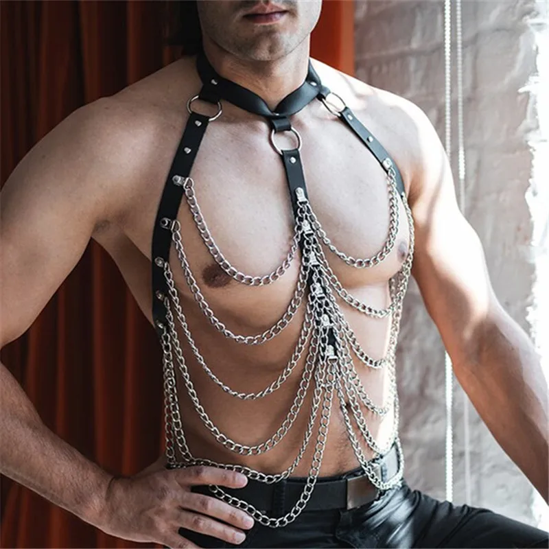 

Leather Men Body Harness Chain Fetish BDSM Bondage Gay Clothing Chest Harness Belts Male Punk Rave Clubwear Costumes for Sex