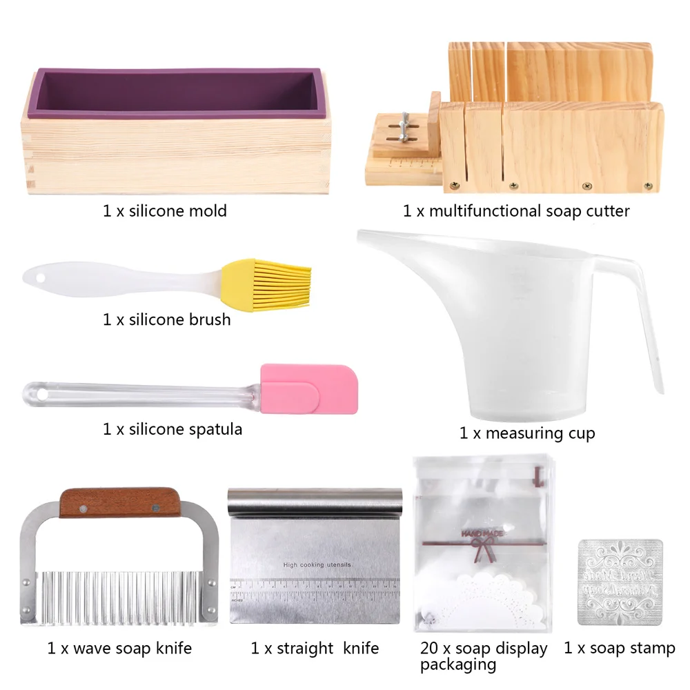 Handmade Soap Making Kit Silicone Loaf Soap Mold Adjustable Wood Cutting Box with Stainless Steel Wavy & Straight Cutter