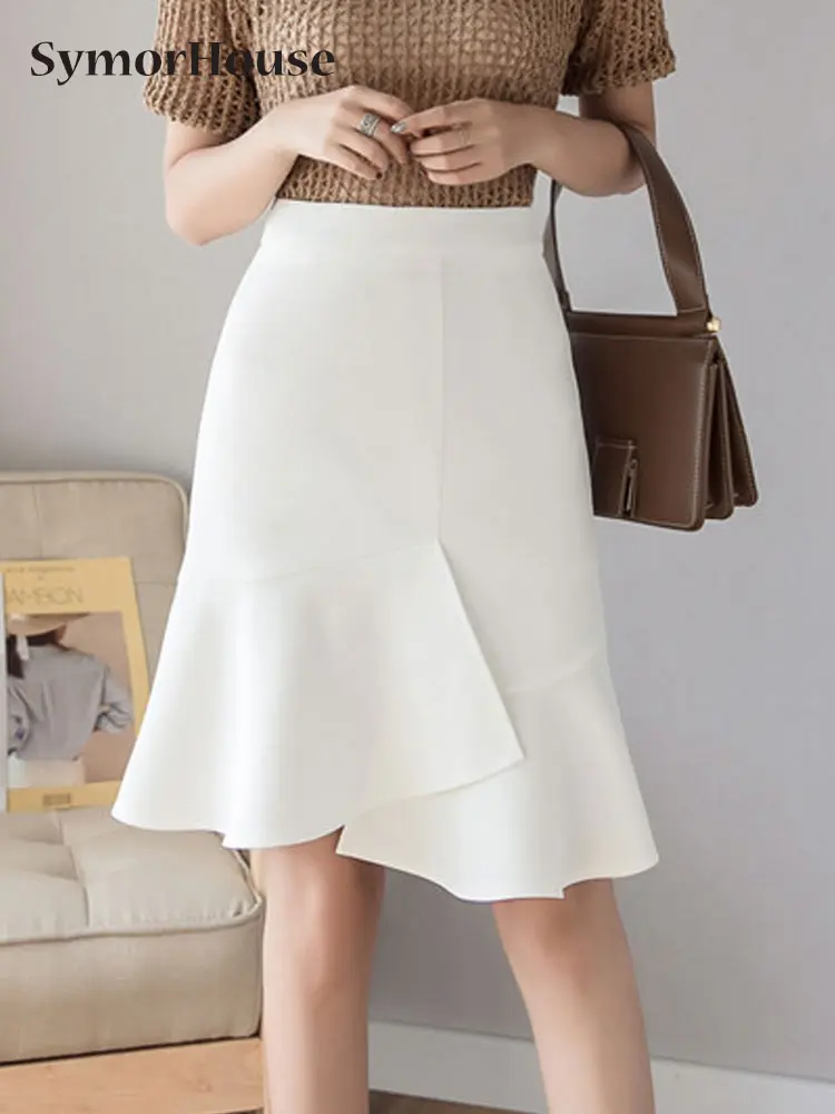 

Elegant Office Mermaid Skirts Women 2023 Summer Fashion High Waist Slim Bodycon White Black Irregular Skirt Female