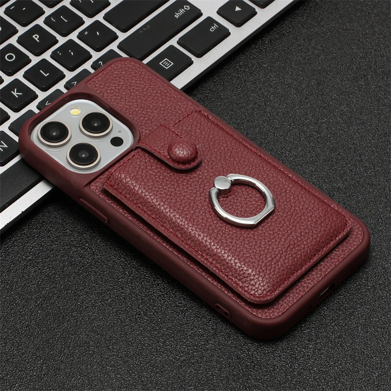 Leather Phone Case with Card Slots and Metal Ring Holder - Wallet Back Cover