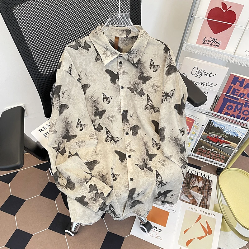 

Vintage Fashion Summer Men's Turn-down Collar Printing Single Breasted Young Style Trend Versatile Loose Long Sleeve Shirts Tops