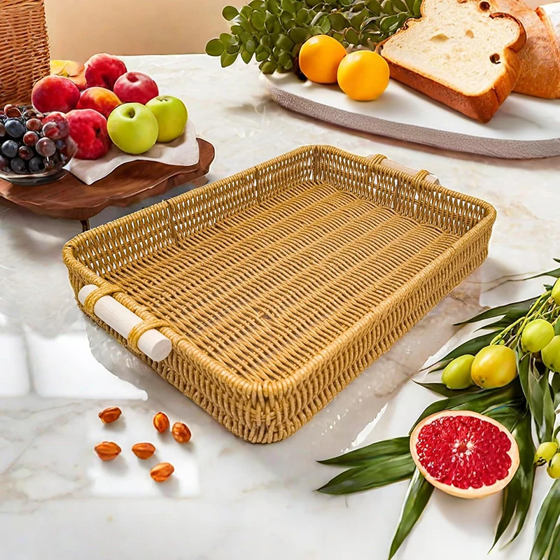 Handwoven Rectangular Plastic Serving Trays with Handles, Woven Wicker Bread Fruit Snacks Food Serving Baskets for Home Kitchen 2