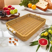 Handwoven Rectangular Plastic Serving Trays with Handles, Woven Wicker Bread Fruit Snacks Food Serving Baskets for Home Kitchen 2