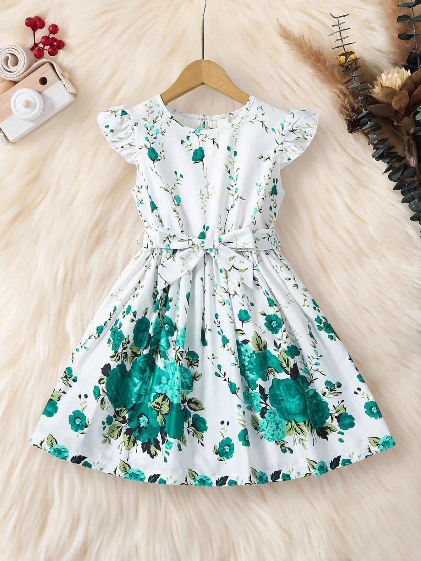 Girls Dress Summer Green Flower Belt Lotus Sleeves Fashion Children's Clothing 4-7Y