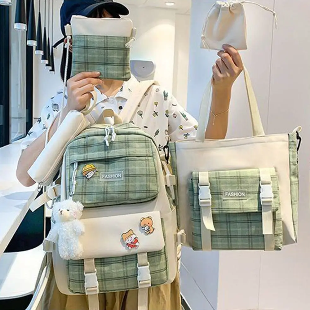 Backpack Japanese Cute Plaid Primary School Schoolbag Women's Korean Version Trend Backpack Five Piece Set Backpack 5
