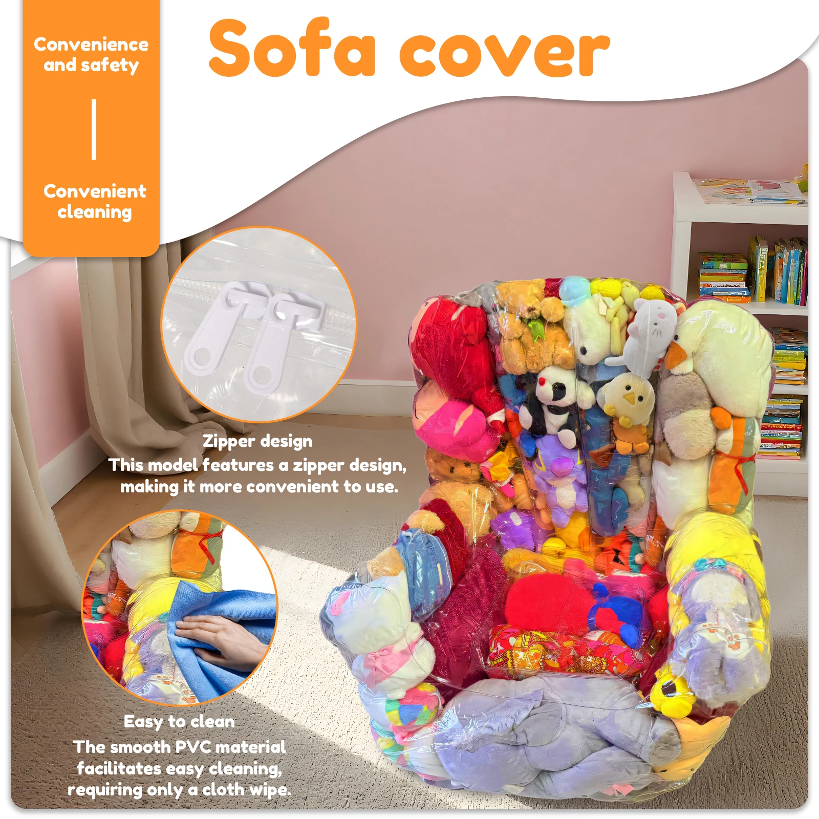 Clear PVC Stuffed Animal Storage Chair Cover with Zipper