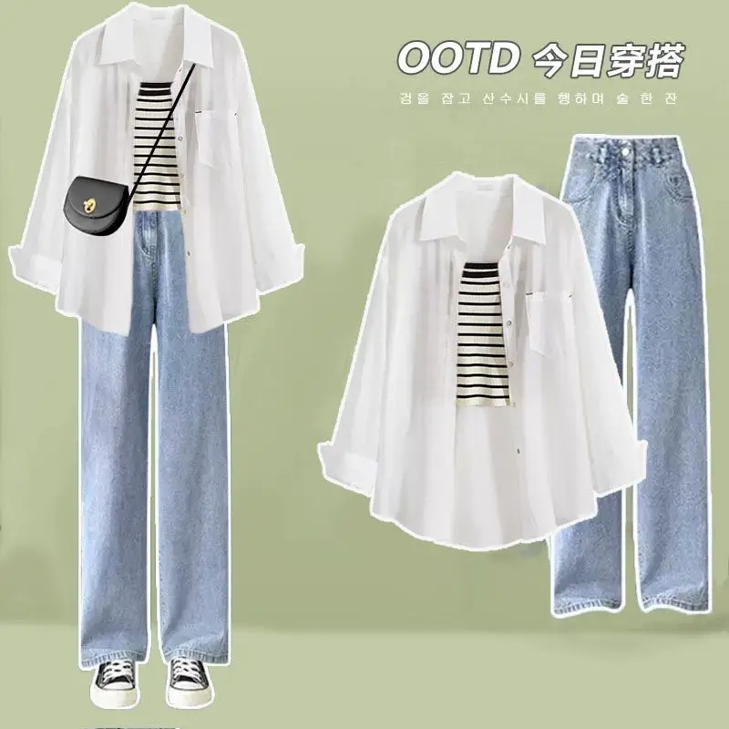 Spring/Summer Set Women's New Korean Edition Loose Sunscreen Long Sleeved Shirt+Strap High Waist Wide Leg Jeans Three Piece Set