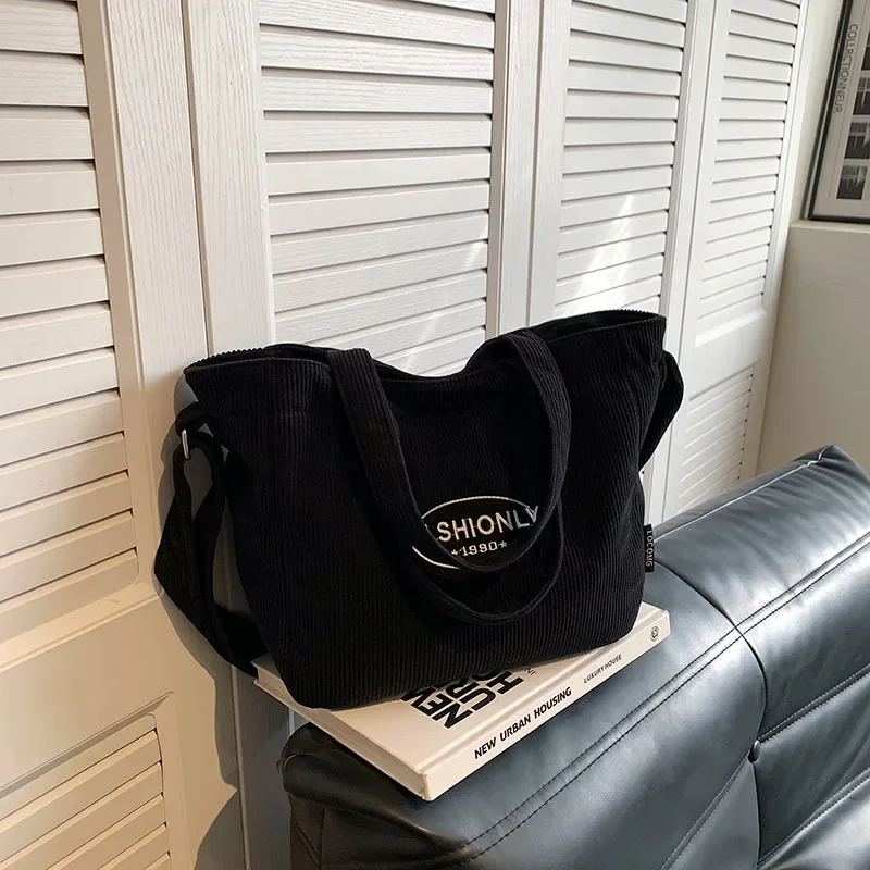 A Niche Design Large Capacity Canvas Shoulder Bag Women's New Striped Velvet Tote Bag College Student Shoulder Crossbody Bag