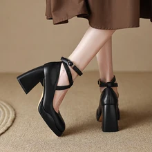  Smirnova 2023 New Size 34-41 Buckle Spring Pumps Genuine Leather Solid Shoes Woman Thick High Heels Platform Shoes 