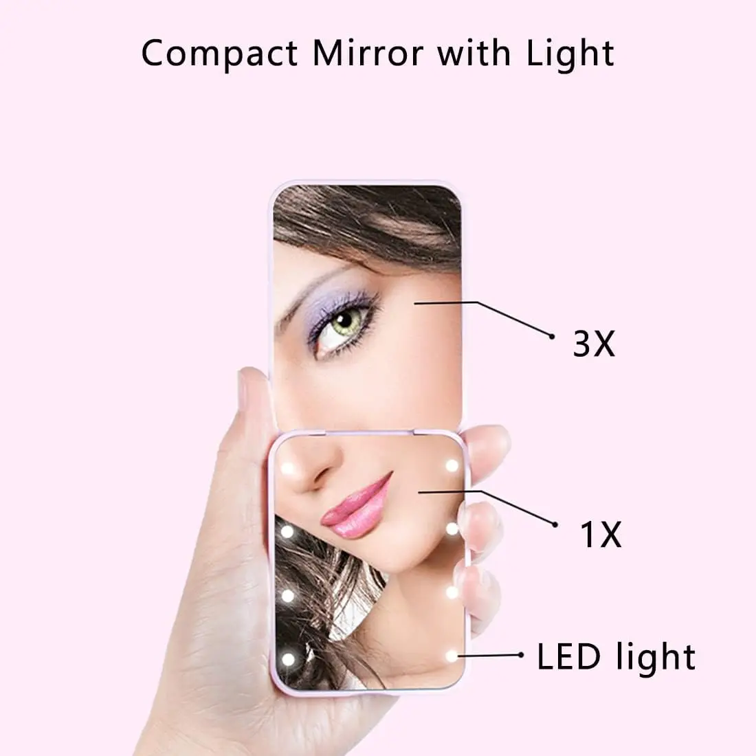 LED 조명이 있는 2023 메이크업 미러, 휴대용 접이식 소형 Lumineux 여행 스마트 핑크 화장대 거울, 메이크업 도구