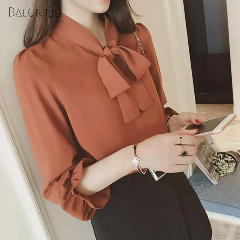 

Spring New Casual Shirt Korean Style Lacing Solid Flare Sleeve Ruffled Neck Blouse Simplicity Bow Pullover Tops Chiffon Shirts