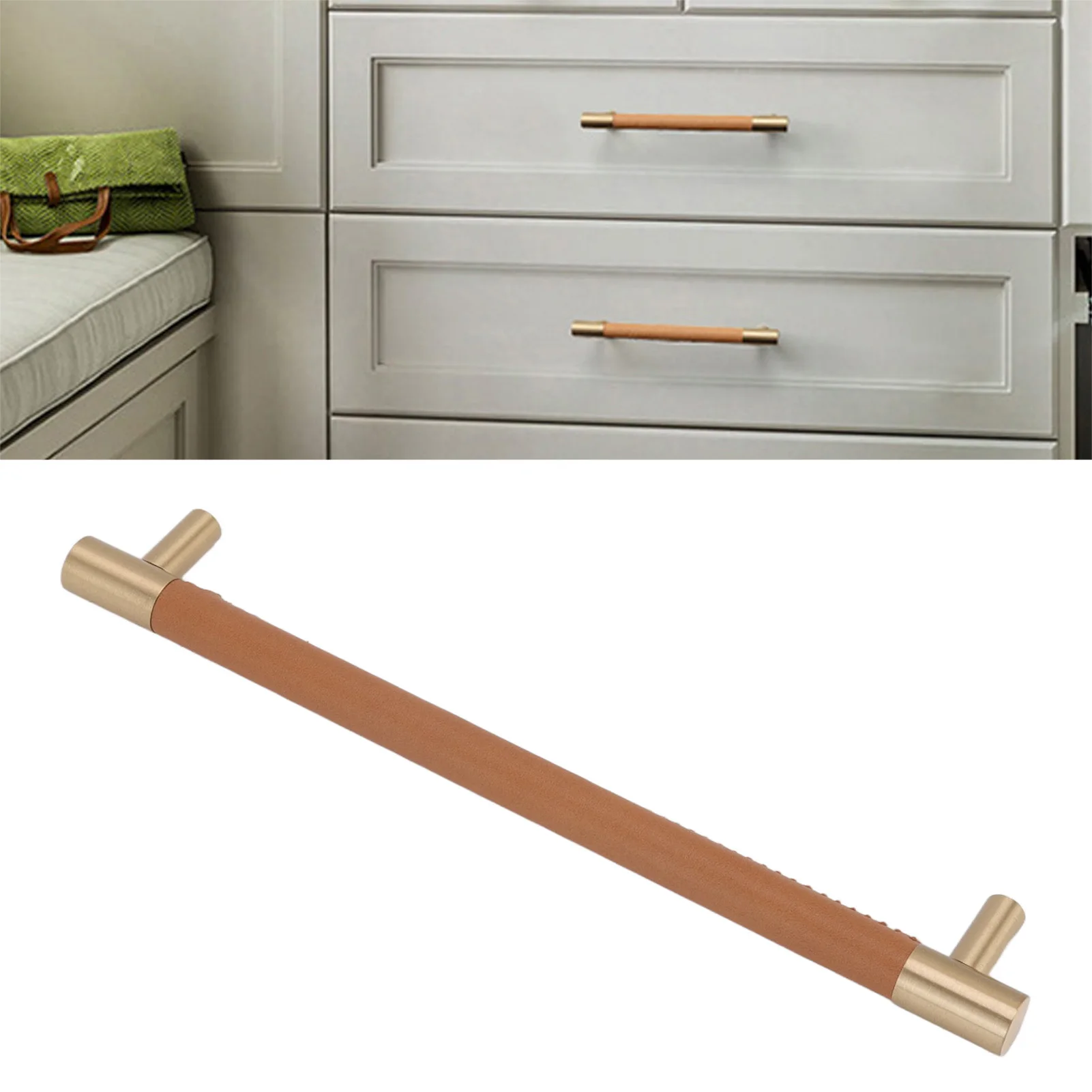 Cabinet Door Handle 224MM Hole Pitch Leather Brass Light Luxury Cupboard Pull Handle for Home Wardrobe Drawer Cabinet Pull