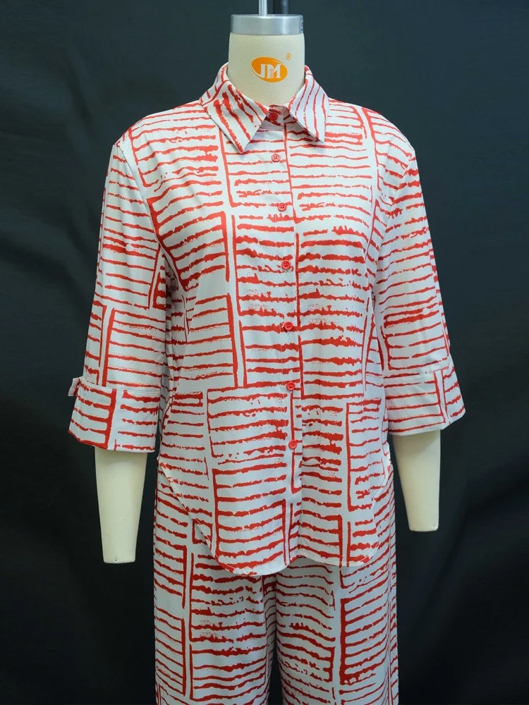 Wmstar Two Piece Set Women Wholesle Stock Clothing 2025 Summer New Printed Three Quarter Sleeve Shirt Loose Top Long Pants