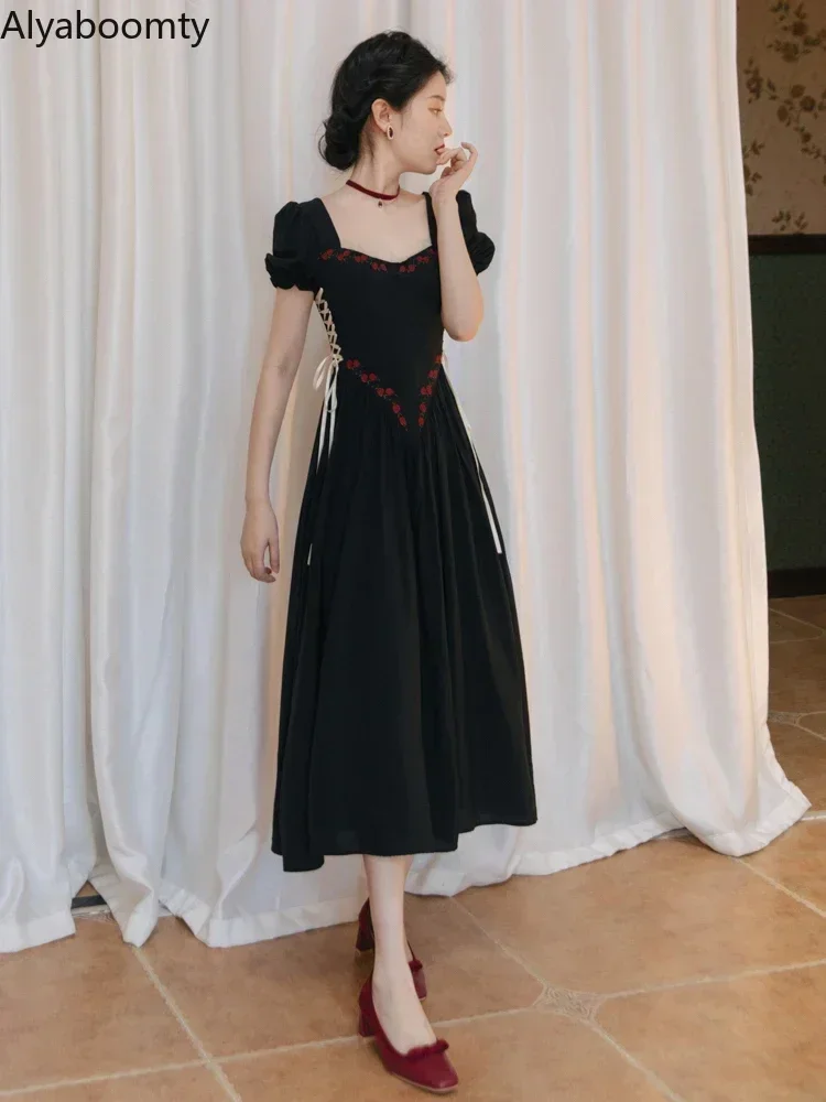 Summer New Black Waist Neck Dress Celebrity Temperament Light Luxury Fairy Dress Dress M4032