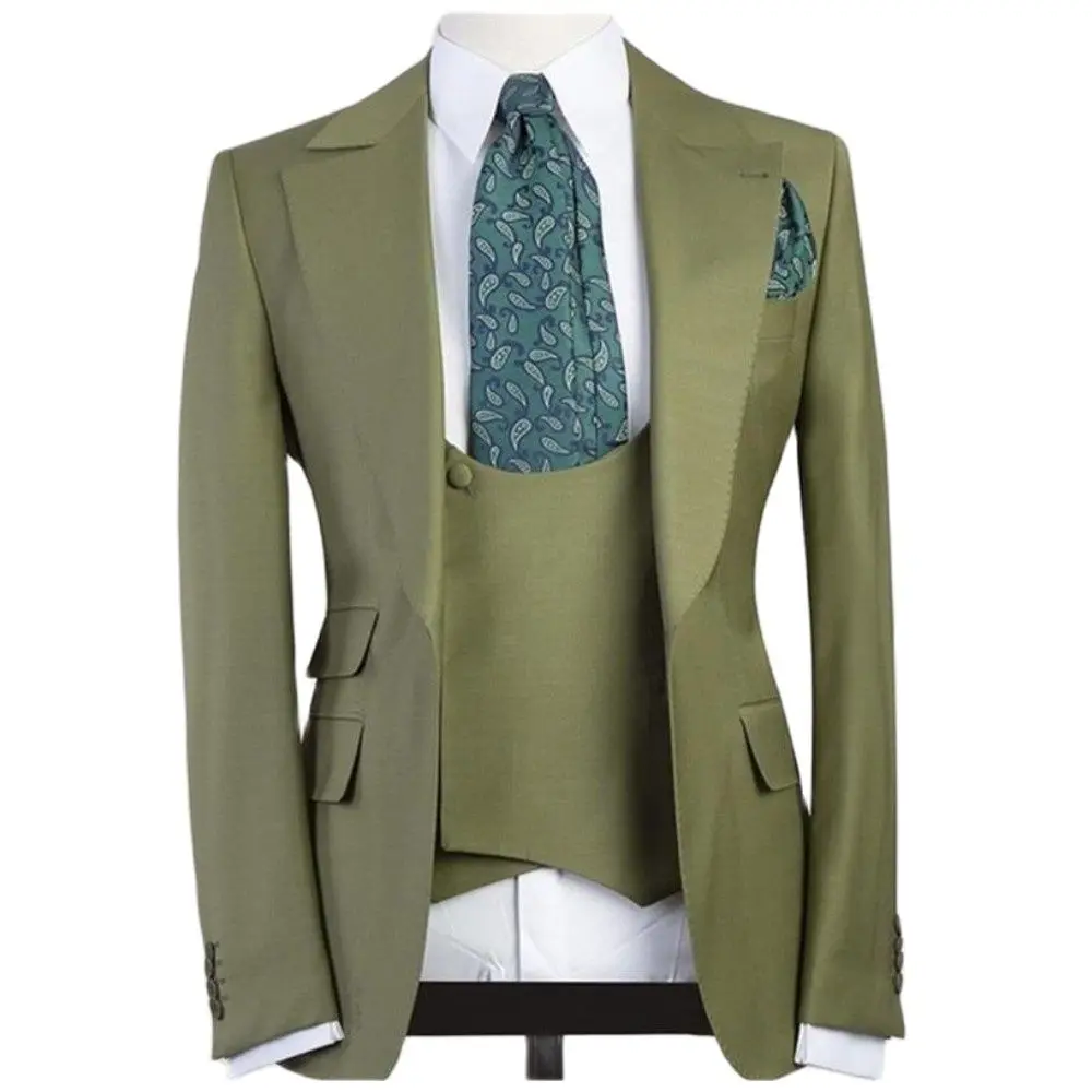 

Formal Green Peaked Lapel With One Button Men Suits 3 Pieces Costum Homme Groom Wedding Terno Masculino Slim fit Blazer