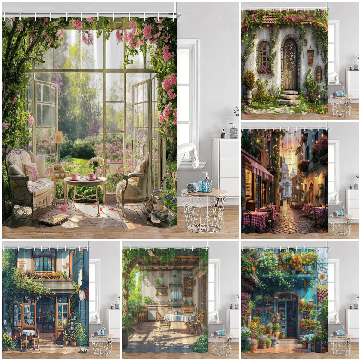 Hand-painted Street View Shower Curtains European Garden Cafe Green Plants Flowers Greenery Bathroom Decor Modern Bath Curtain shower curtains