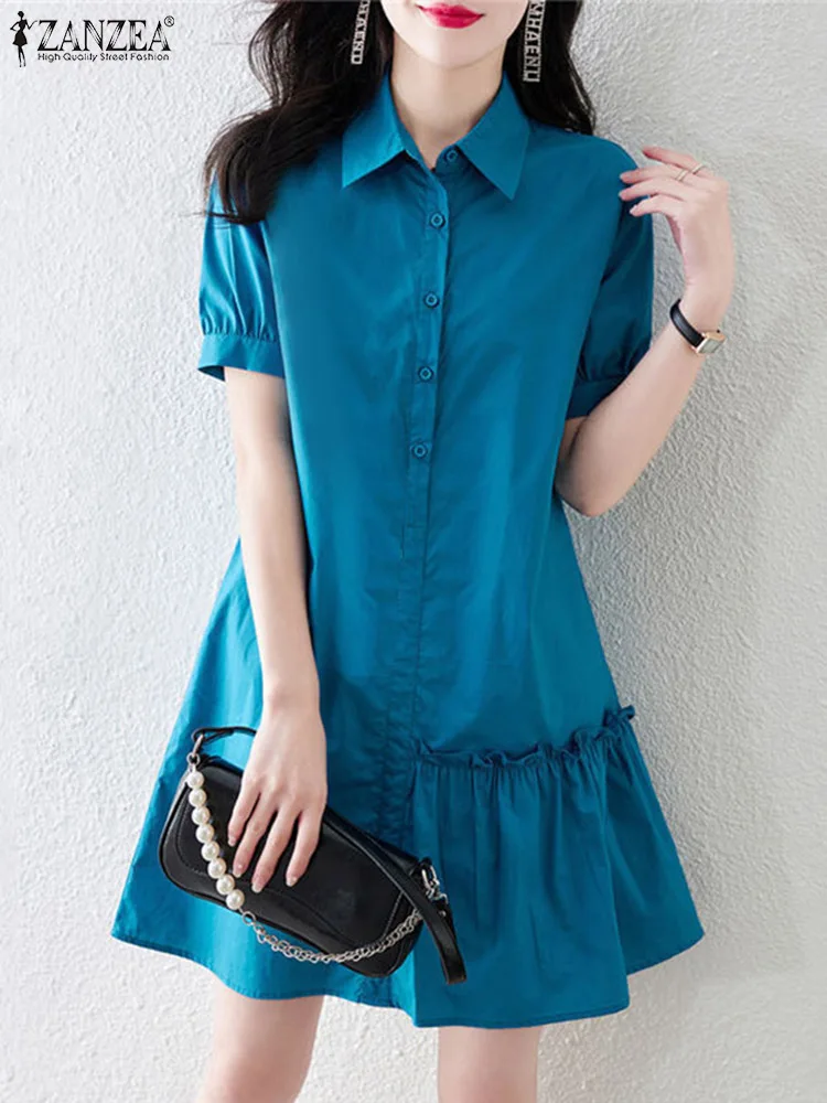 

ZANZEA Lapel Neck Women Sundress Short Puff Sleeve Ruffled Hem Elegant Summer Shirt Dress Fashion Work Casual Solid Mini Dress