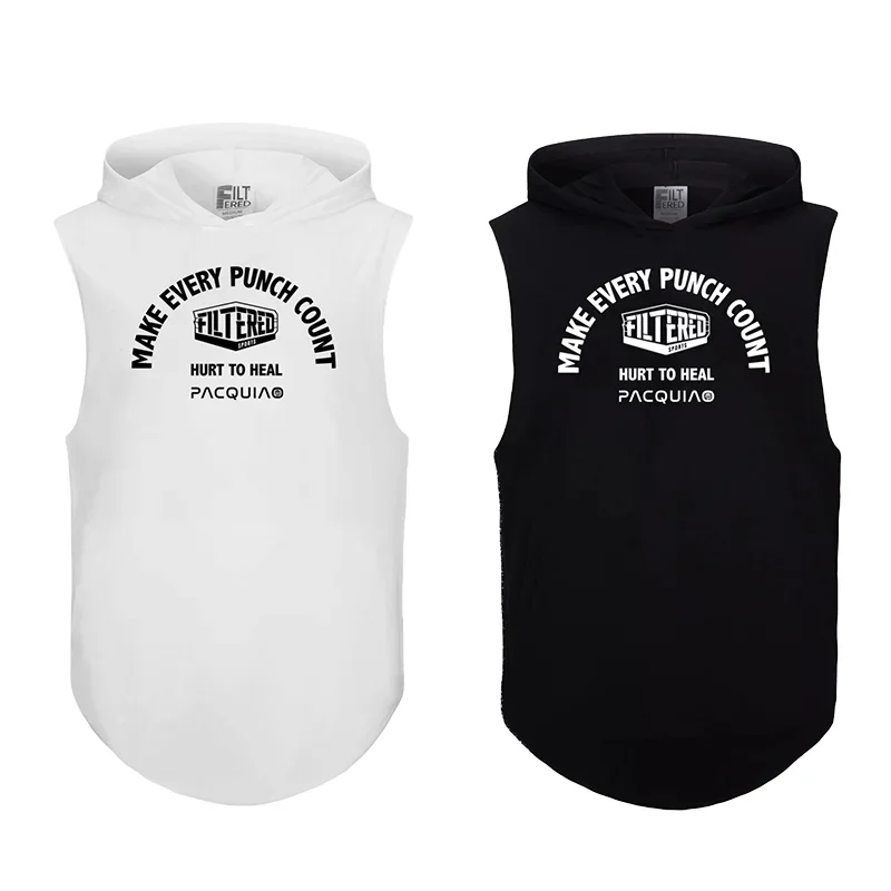 Men's Cotton Boxing Sleeveless Hoodie Bodybuilding Workout Tank Tops Muscle Fitness Shirts