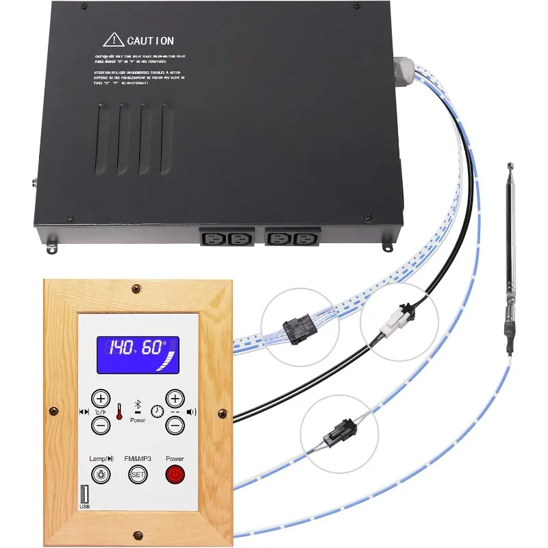 กล่องควบคุมไฟฟ้าสำหรับห้องซาวน่าไม้ พร้อมแผงควบคุมแบบดิจิตอล และหัววัดอุณหภูมิ 1
