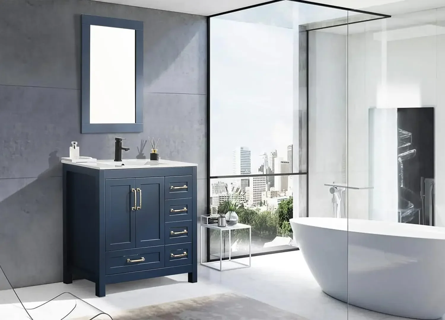 36" Bathroom Vanities Cabinet with Sink Combo Set Undermount Ceramic Sink w/Thickened Wood Matte Black Faucet Navy Blue 2