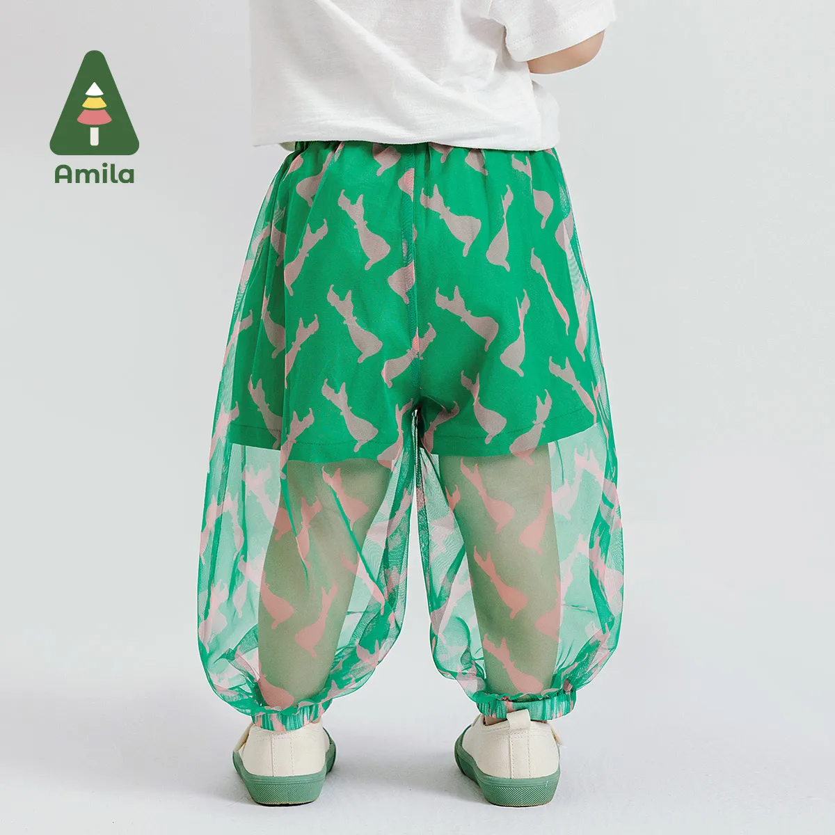 Amila 2024 여아용 밑창, 창의적인 더블 레이어 모기 퇴치 발목 바지, 귀여운 풀 프린트 바지, 여름 신상