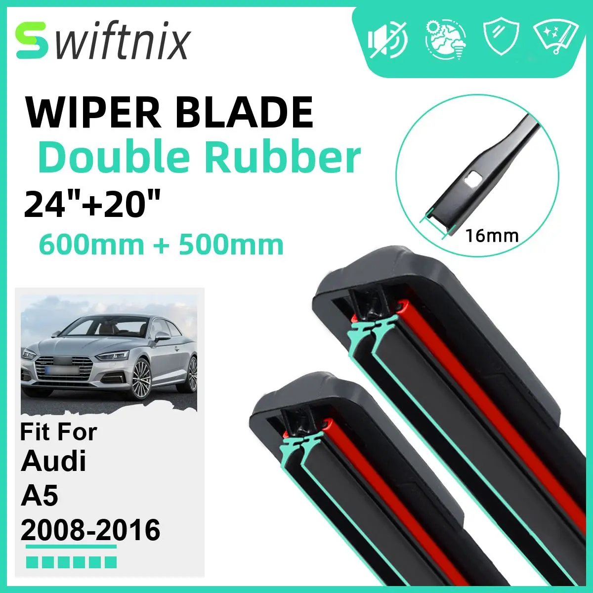 

Двойные резиновые автомобильные щетки стеклоочистителя для Audi A5 2008-2016, резиновые автомобильные аксессуары для переднего лобового стекла, лобового стекла 2012, 2013, 2014, 2015, 2016