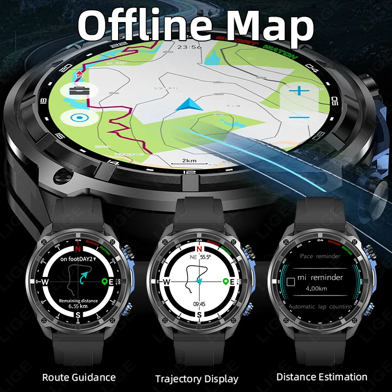 LIGE Built-in GPS Smart Watch Offline Map 860mAh 4GB Men Compass Barometric Altimeter Flashlight 1.43" AMOLED Voice Call Watches
