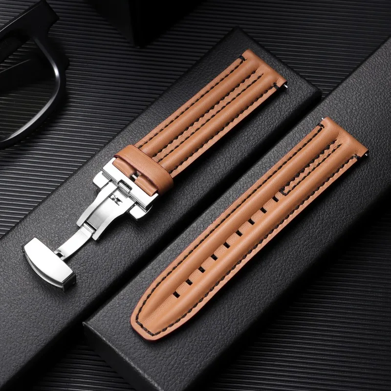 Vintage Leather Watch Band with Butterfly Clasp - Quick Release Oil Wax Cowhide Strap