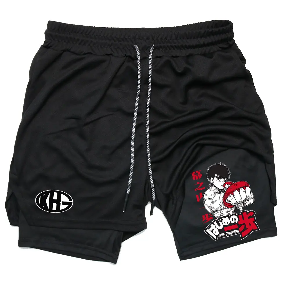 Anime IPPO Compreesion Shorts for Men Gym Workout Running Athletic 2 in 1 Performance Shorts with Pockets Activewear 2