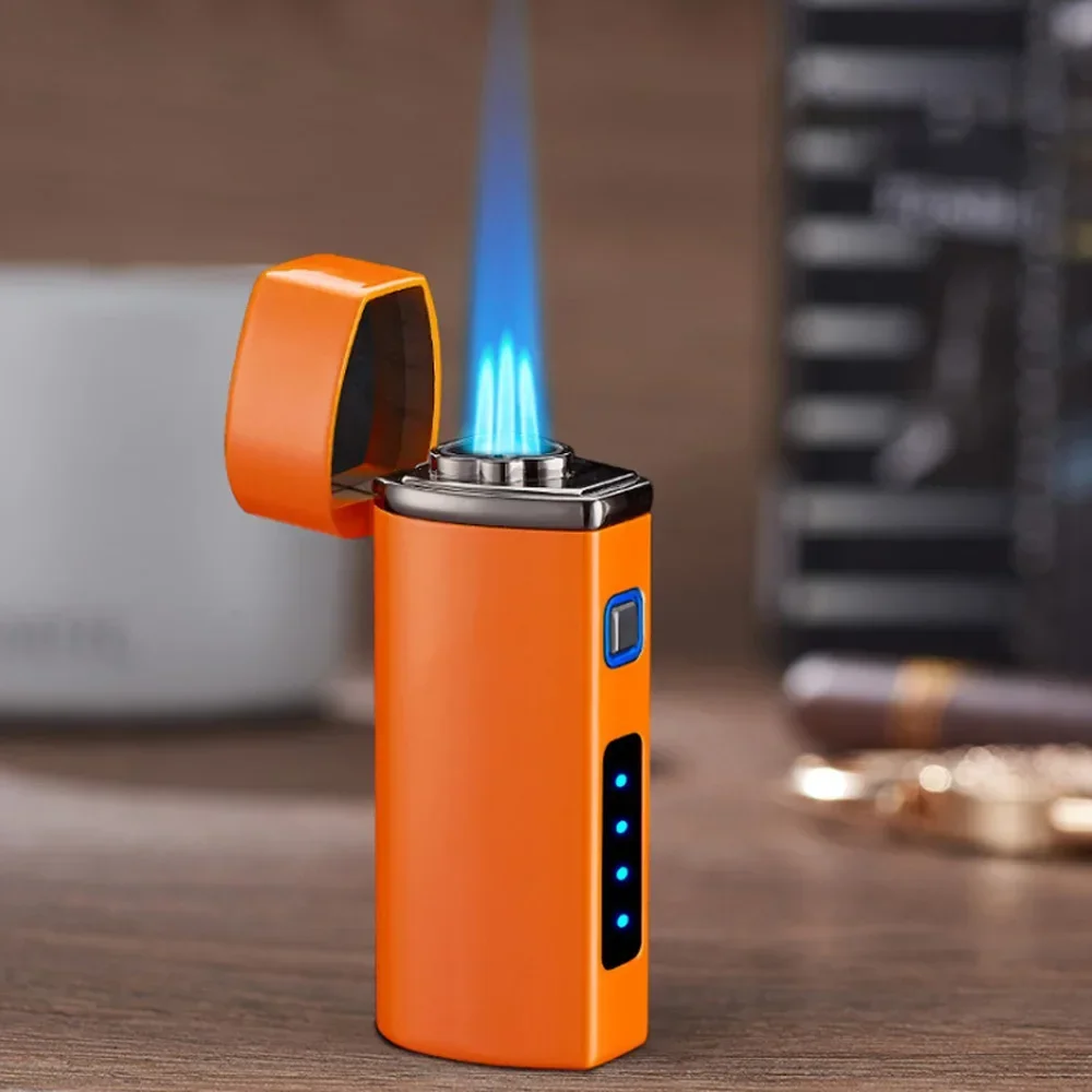 New 2025 touch sensitive metal outdoor windproof Type-C rechargeable portable turbo three torch blue flame jet gas lighter