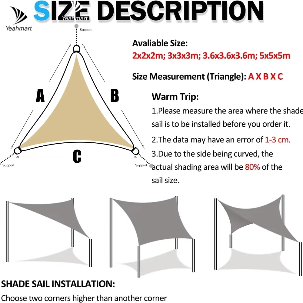 Waterproof Grey & Black Triangle Sun Shade Sail Canopy – 98% UV Block Outdoor Shelter